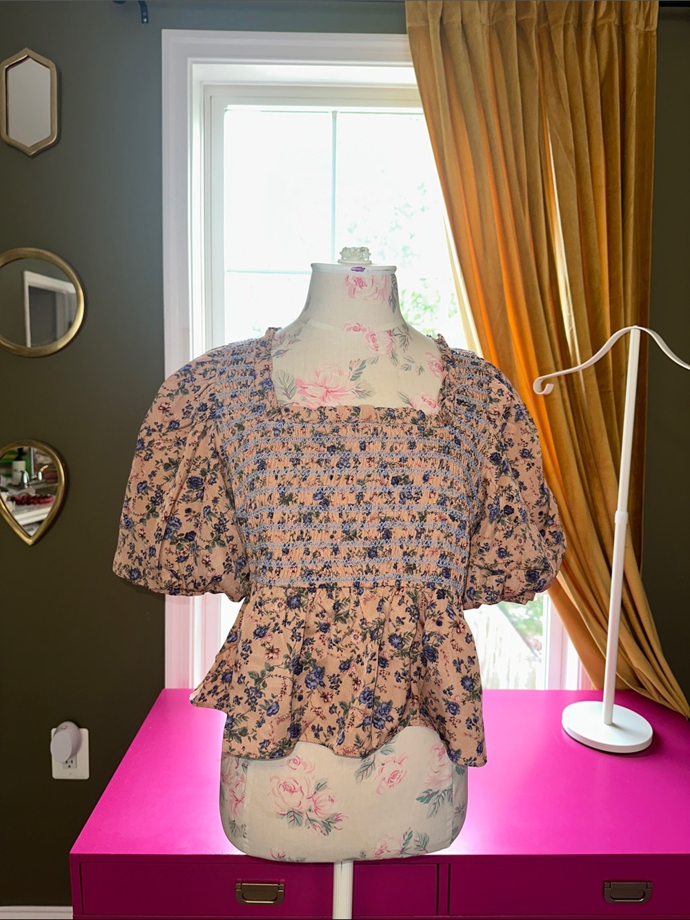 Free the Roses Blue Floral Smocked Peplum Top on Tan